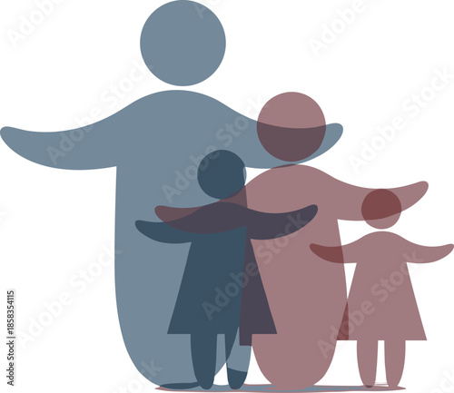 Abstract illustration of a diverse family group with parents and children in a protective embrace, symbolizing unity, love, and togetherness.
