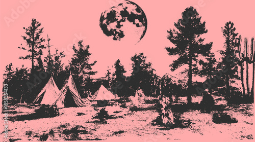 Camping scene featuring tents under a moonlit sky with trees. Tranquil wilderness vector illustration showcasing the beauty of nature.