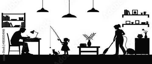 Daily family life silhouette vector with father working at desk, mother vacuuming floor, and child playing with cat in house.