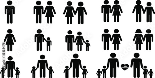 Diverse family silhouette icon set and domestic home interior scene with parents working, cleaning, and children playing in living room.