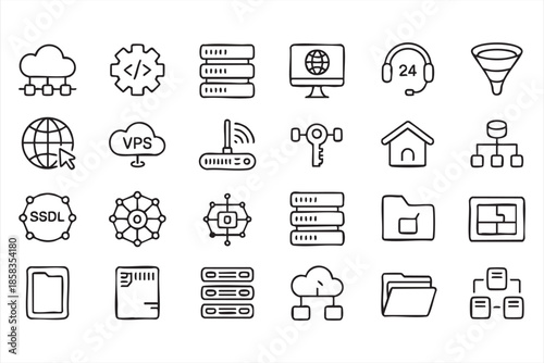 Cloud Hosting and Server Infrastructure Line Icons for IT Platforms