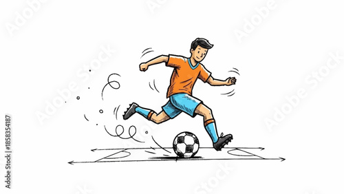 Dynamic illustration of a soccer player kicking a ball with motion effects on a white background