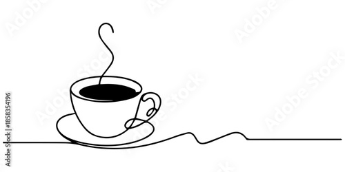 Continuous thin line coffee cup with smoke vector illustration, minimalist sketch doodle for cafe, Continuous one line drawing of coffee cup with steam minimalist outline art, One line drawing