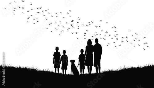 Domestic family life silhouette scenes with parents working and cleaning, plus diverse family icon sets and outdoor nature park activities.