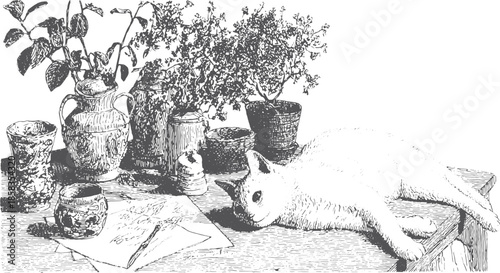 A white cat on a kitchen table with various pots and plants. Vintage vector illustration showcasing a still life set.