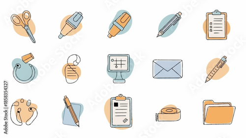 A collection of office and art supplies icons displayed on a clean white background