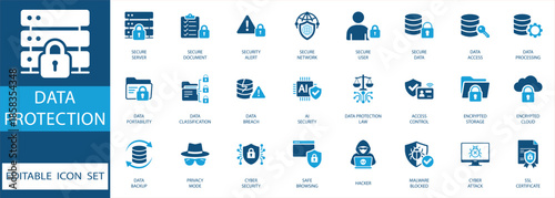 Data protection icon set. featuring cyber security, encrypted storage, privacy, and network safety elements in blue flat style for cloud computing and information technology.