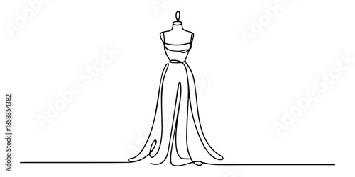 tailored dress on a mannequin, Dummy with dress. One line continuous dummy with dress, Continuous one line drawing of dress in mannequin. Mannequin single line art vector illustration. Editable vector