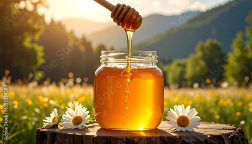 A jar of golden liquid is filled as the dipper pours it, on a wooden platform surrounded by wildflowers with a mountain backdrop