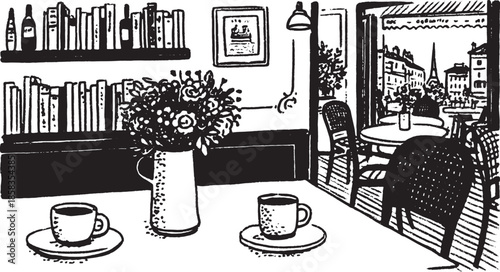 Coffee cups on a table in a cozy restaurant set. Black and white interior vector illustration with a view of the urban landscape and bookshelves.
