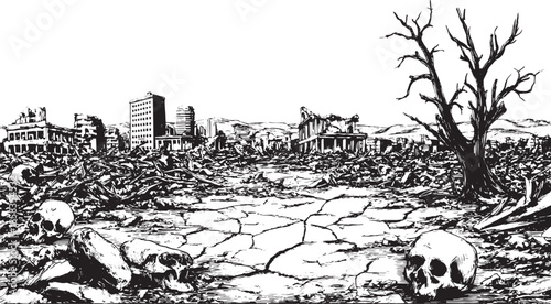 Dystopian landscape with destruction of a city. Features skulls and ruins with a cracked ground in black and white vector illustration.