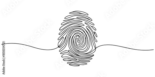Continuous one line drawing of a fingerprint. Concept of identity, security and biometric technology, Linear drawing of a fingerprint. Continuous line drawing of biometric scan symbol on white