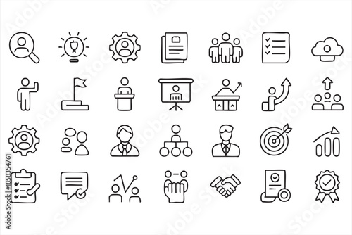 Black and White HR Management and Team Building Outline Icons