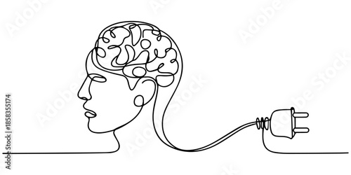 head person and brain with plug, Continuous one line drawing of head person and brain with plug. Concept of burnout syndrome and tired at work in simple linear style. Doodle Vector illustration