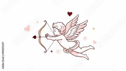 Cupid flying with bow and arrow surrounded by hearts