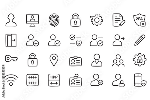 Black and White Access Control and Cybersecurity Outline Icons