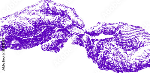 Hands exchanging coins in a detailed vector illustration. The financial transaction is depicted in a purple style, showcasing the concept clearly.