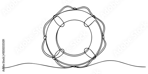 continuous One  line drawing of lifebuoy, Single continuous line drawing lifebuoys, rescue belts, inflatable rubber ring with rope for help and safety of life drowning. Rescue ring for quick help.