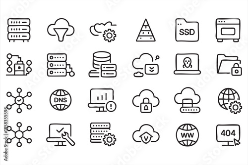 Web Hosting, Database, and Network Line Icons Collection