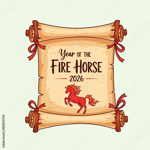 An illustrated scroll celebrating the Year of the Fire Horse 2026 with a red horse drawing and decorative ribbons.