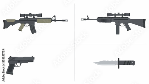 Assorted weapons displayed in a grid layout on a white background