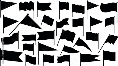 Collection of Black Flag Silhouettes and Pennant Vector Icons Set Isolated on White Background for Decoration Signs and Logo Templates