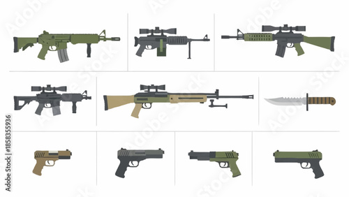 Collection of various firearms and a knife displayed against a plain white background from a straightforward viewpoint