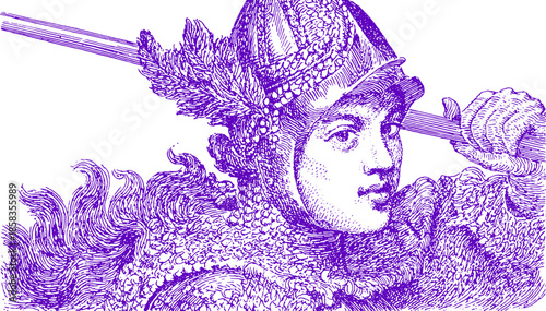 Warrior with a spear and helmet in vintage purple drawing style. A detailed vector illustration showcasing military strength and historical character.