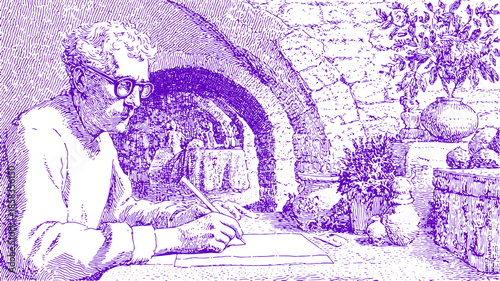 A writer sitting indoors drawing on paper with a pencil. Features a detailed vintage purple illustration style in an artistic room set.