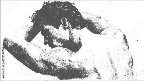 A male nude figure in a side pose showcasing muscular strength. Vector illustration emphasizing anatomy and form, with a focus on contour and texture.