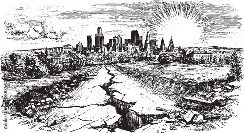City skyline in black and white vector illustration. Cracked road leading into an abandoned environment with an eerie sunrise, showcasing dramatic details and textures.