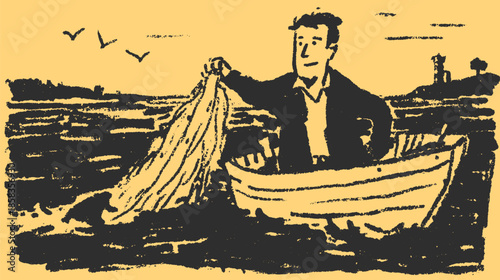 Man fishing in a boat on calm water. Simple flat vector illustration showcasing outdoor activities and scenery.