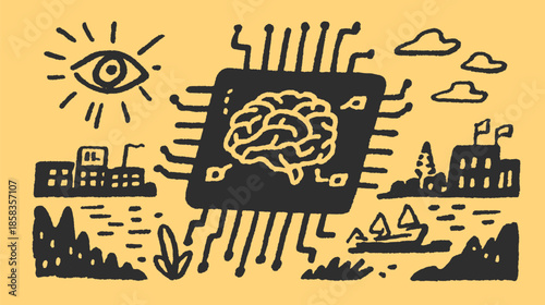 Brain chip illustration featuring an eye, city, and water elements. This simple and flat design is presented in a vector set.