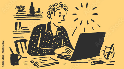 Man working on a laptop in a stylish home workspace. Flat vector illustration featuring a cozy set with a mug and notes on the desk.