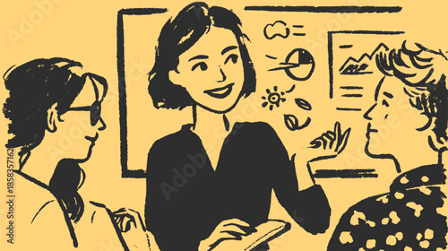 Business presentation with a leader discussing strategy in a group meeting. Flat vector illustration highlighting effective communication and collaboration.