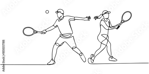 Tennis players with racket, racquet, Continuous line drawing of male tennis player concept. for sport match Tennis ball Vector illustration, Continuous one line drawing of a tennis player in action