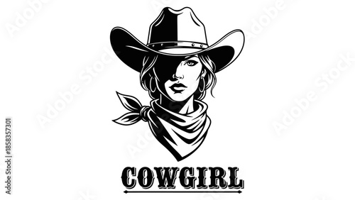 A striking black and white illustration of a cowgirl wearing a cowboy hat and bandana, with the word "COWGIRL" below.