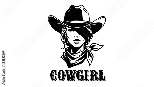 A black and white illustration of a cowgirl wearing a cowboy hat and a bandana, with the word "COWGIRL" below.