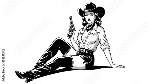 A black and white illustration of a pin-up style cowgirl sitting down holding a revolver.