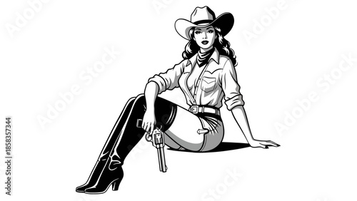 A black and white illustration of a pin-up cowgirl sitting down holding a pistol.