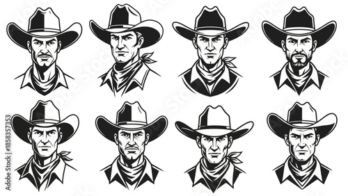 Collection of eight detailed black and white illustrations of cowboy portraits wearing cowboy hats and bandanas.