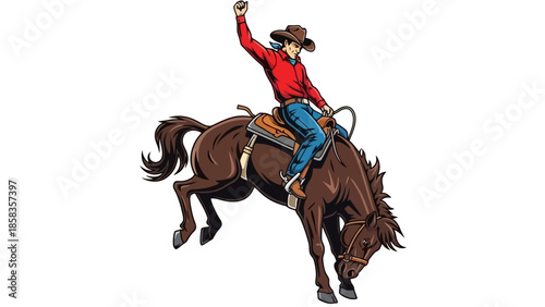 Illustration of a cowboy riding a bucking bronco horse with a lasso in hand.
