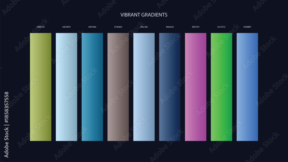 Obraz premium Vibrant Gradient Color Palette Swatches with HEX Codes for UI and Branding on Dark Background
