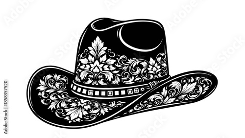 Black and white cowboy hat with intricate floral and scrollwork design, elegant and detailed.