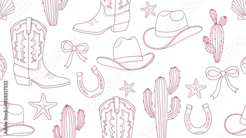 A charming hand-drawn illustration featuring a repeating pattern of cowboy boots, hats, cacti, horseshoes, and bows, perfect for western-themed designs.