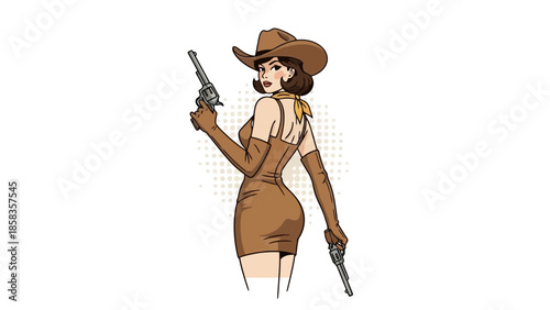 Illustration of a woman in a cowgirl outfit holding two revolvers, looking over her shoulder.