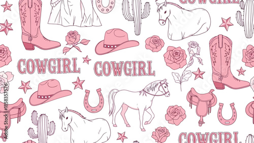 A charming pink and white pattern featuring cowgirl motifs like boots, hats, horses, cacti, and roses, perfect for Western-themed designs.