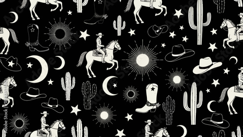 A whimsical black and white western-themed pattern featuring cowboys on horseback, cacti, cowboy boots, and celestial elements like moons and stars.