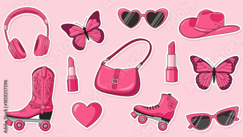 A vibrant collection of pink fashion accessories and items arranged on a light pink background.