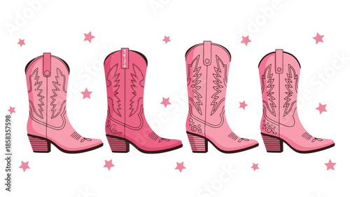 Photography Four pink cowboy boots with intricate stitching and a star-studded background, all in a row